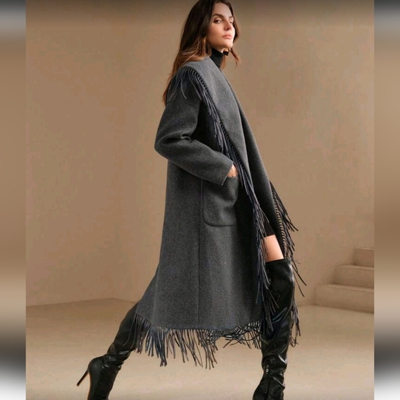 Women's Winter Fringed Decorated Oversized Lapel Melton Jacket, New Year Outfit - Picture 4 of 14